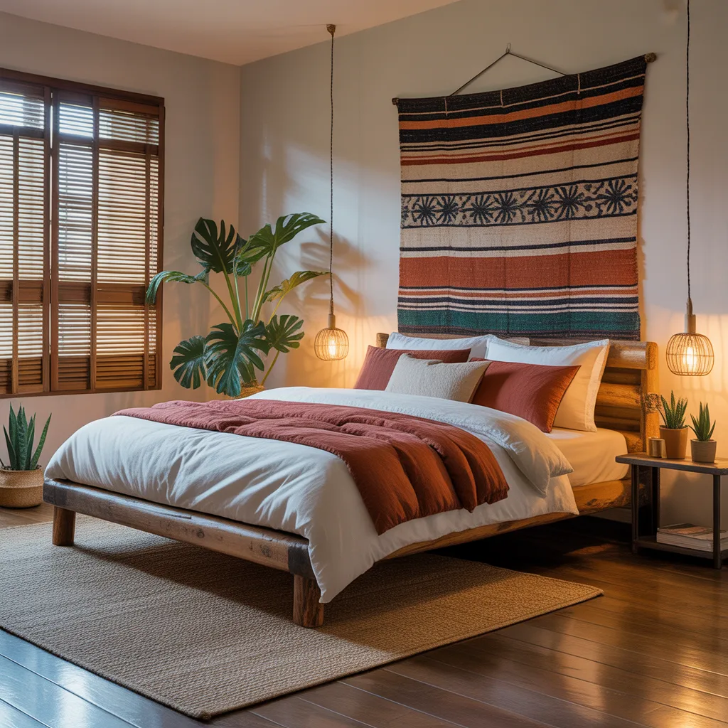Eco-friendly sustainable bedroom 2026 with reclaimed wood frame organic cotton bedding jute rug