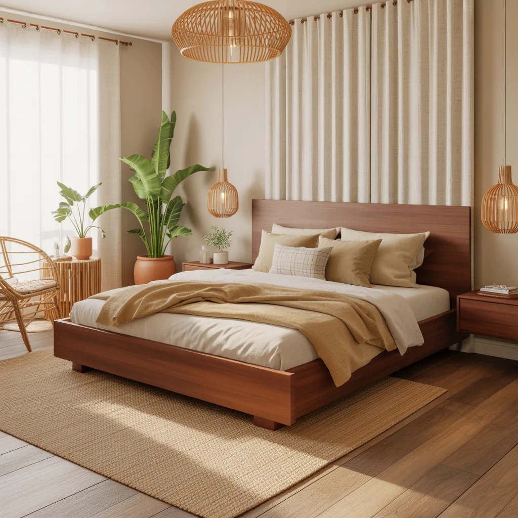 Warm wood tone modern bedroom 2026 with walnut bed frame rattan accents and linen curtains