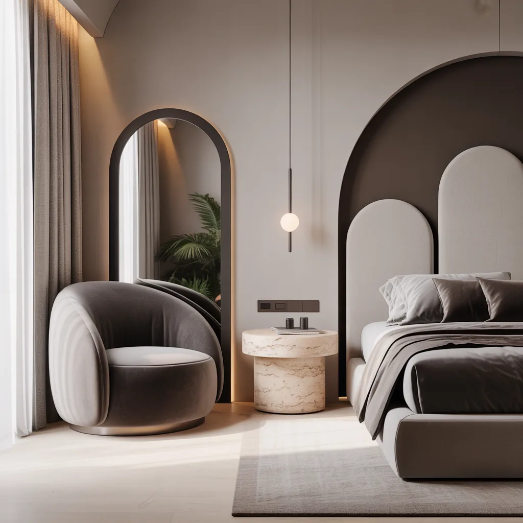 Curved organic furniture bedroom 2026 with rounded velvet chair travertine nightstand arched mirror