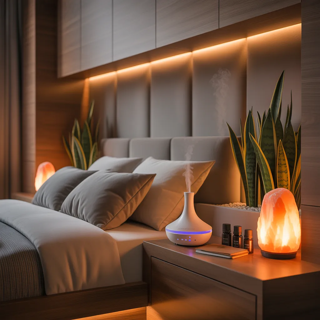 Wellness sanctuary bedroom 2026 with aromatherapy nook diffuser himalayan lamp snake plants