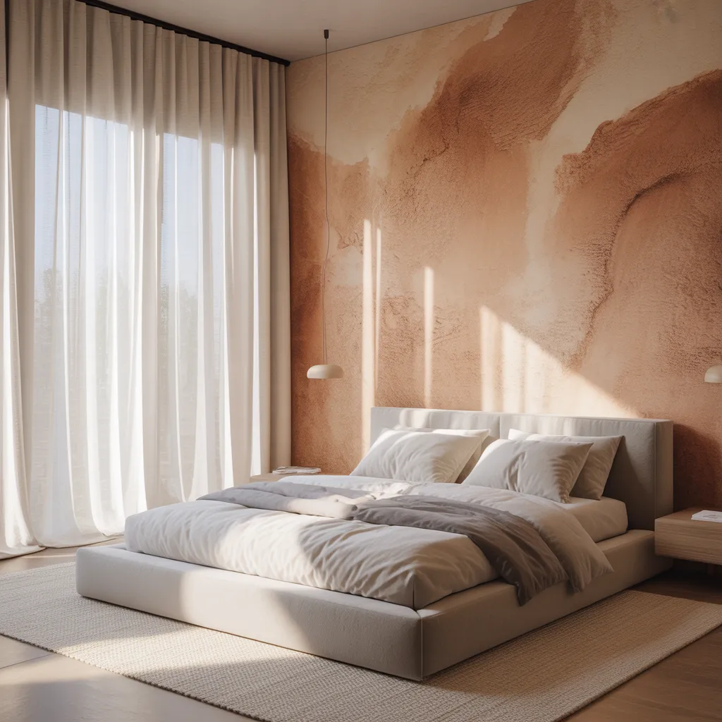 Textured limewash wall and curtain waterfall bedroom 2026 with floor-to-ceiling sheer linen