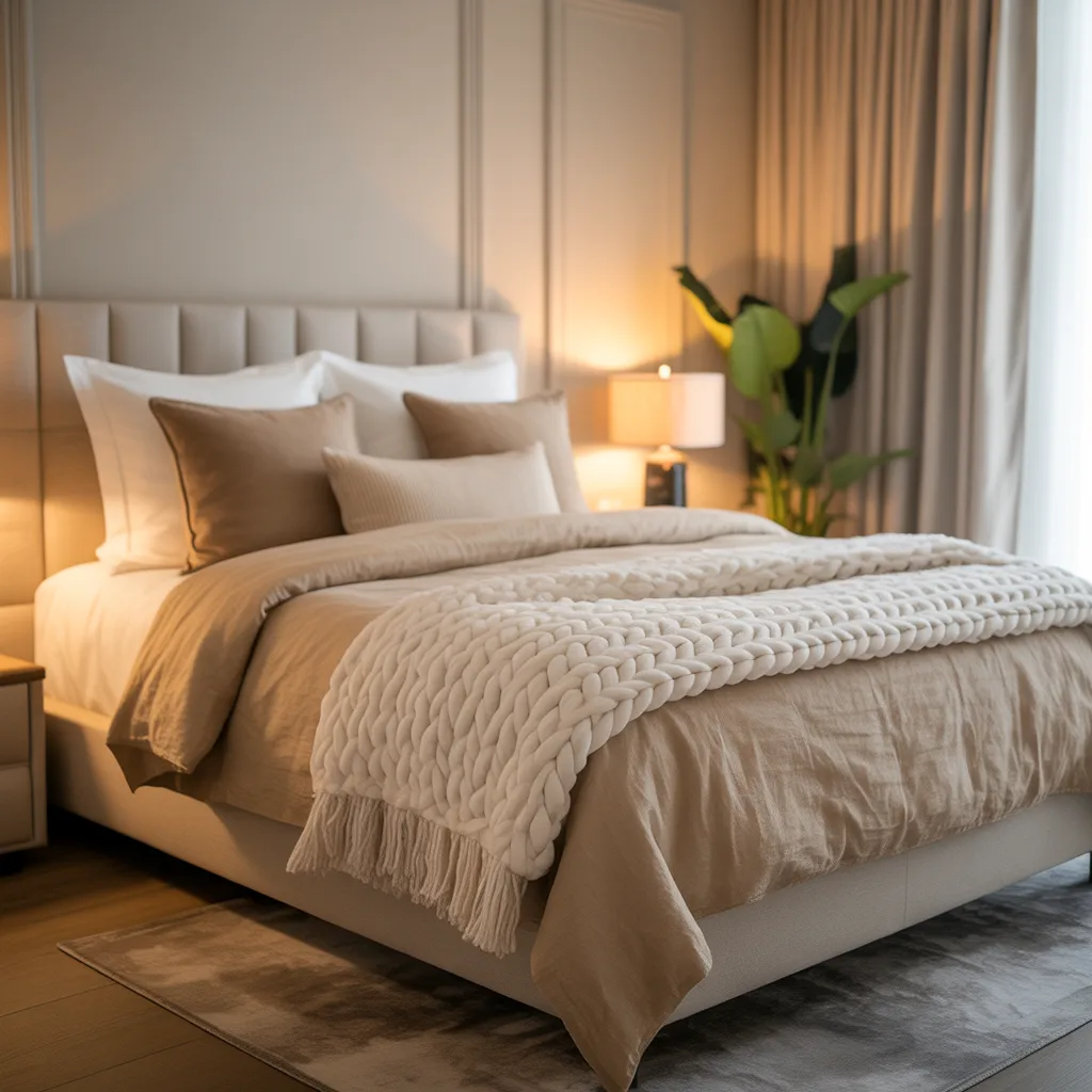 Hotel-inspired layered bedding bedroom 2026 with chunky knit throw linen duvet velvet cushions