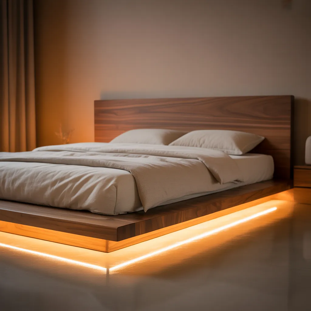 floating platform bed with LED underlighting in a small modern bedroom