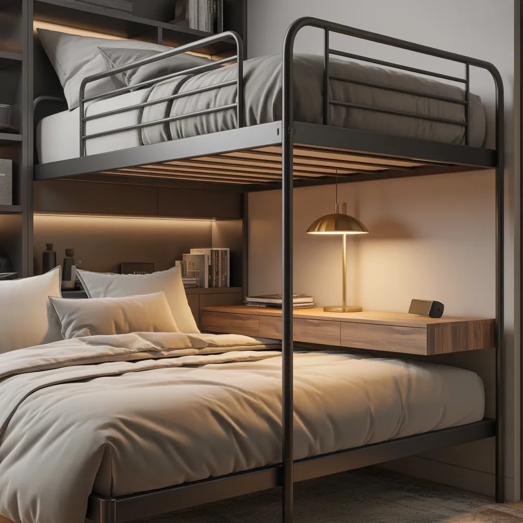 adult loft bed with matte black frame and floating desk underneath in small bedroom