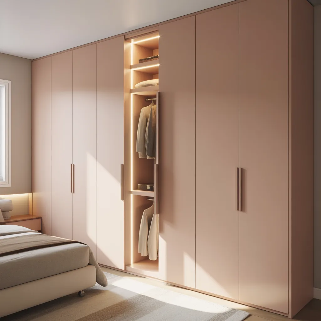 floor to ceiling built-in wardrobe with handle-free white doors in small bedroom
