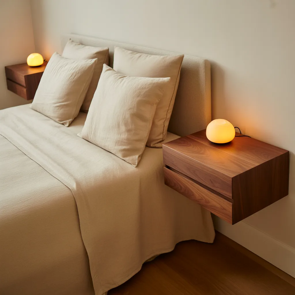 wall mounted floating walnut nightstand with warm lamp in minimalist bedroom