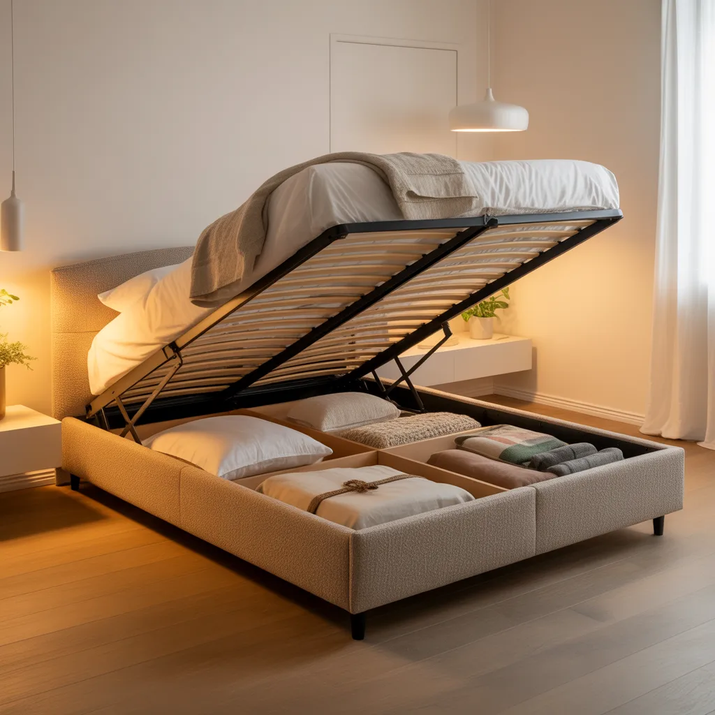 ottoman storage bed with hydraulic lift open showing organized storage inside