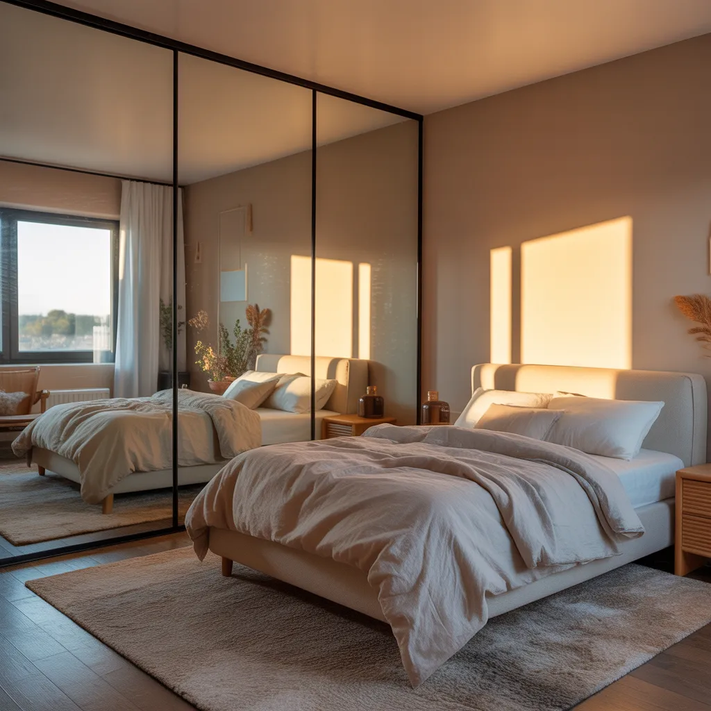 floor to ceiling mirror wall in small bedroom making room appear twice as large