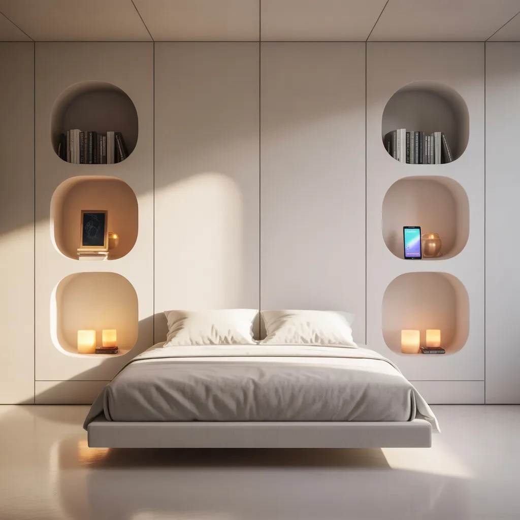 recessed wall niches beside bed instead of nightstands in minimalist small bedroom