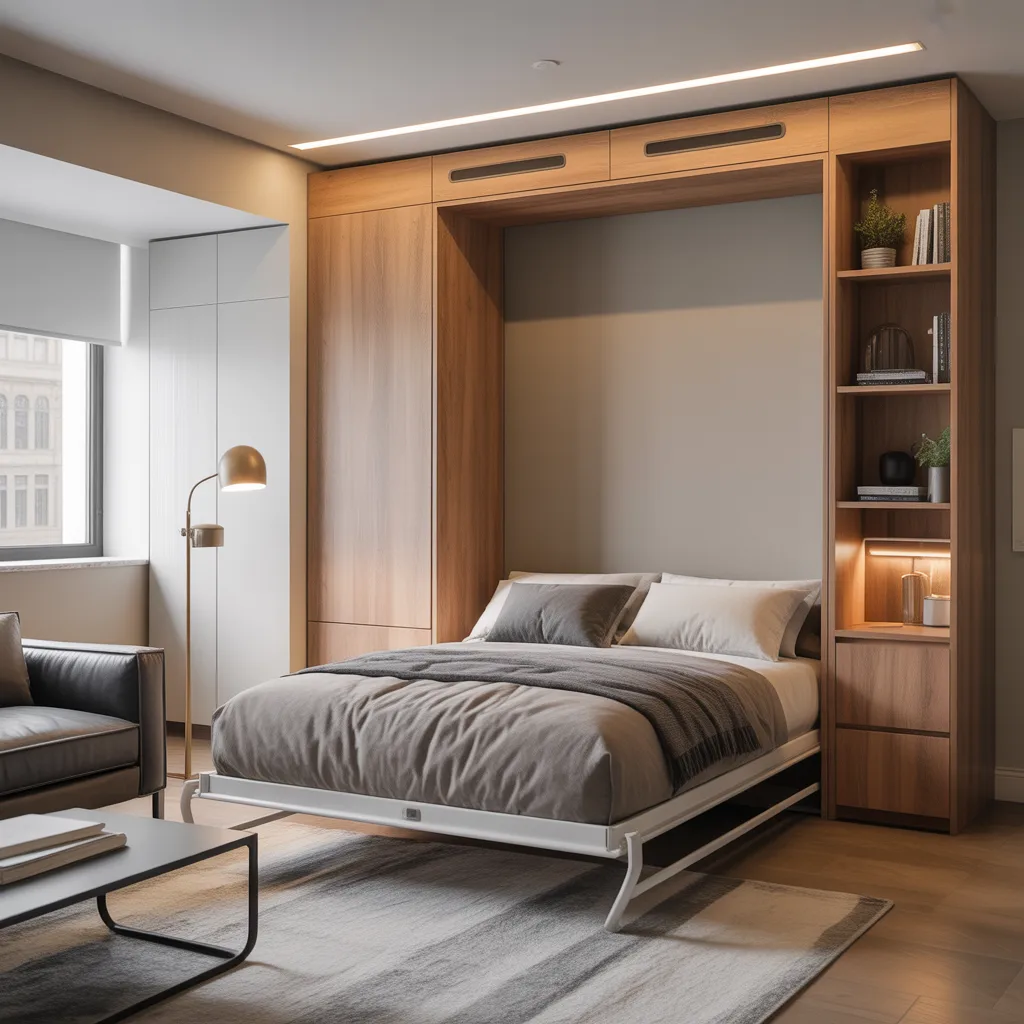 murphy wall bed folded into built-in oak cabinet in small studio apartment