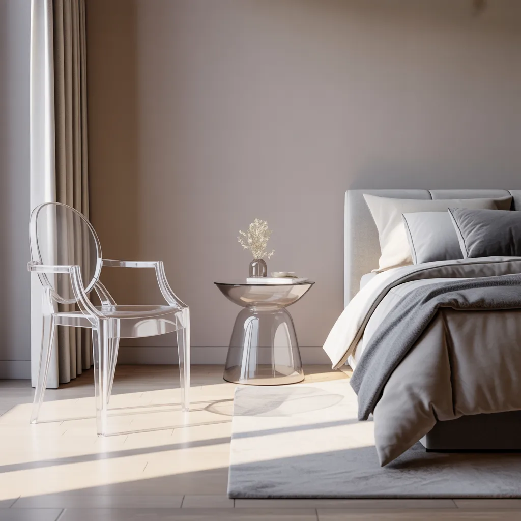 clear acrylic ghost chair and side table in small modern bedroom