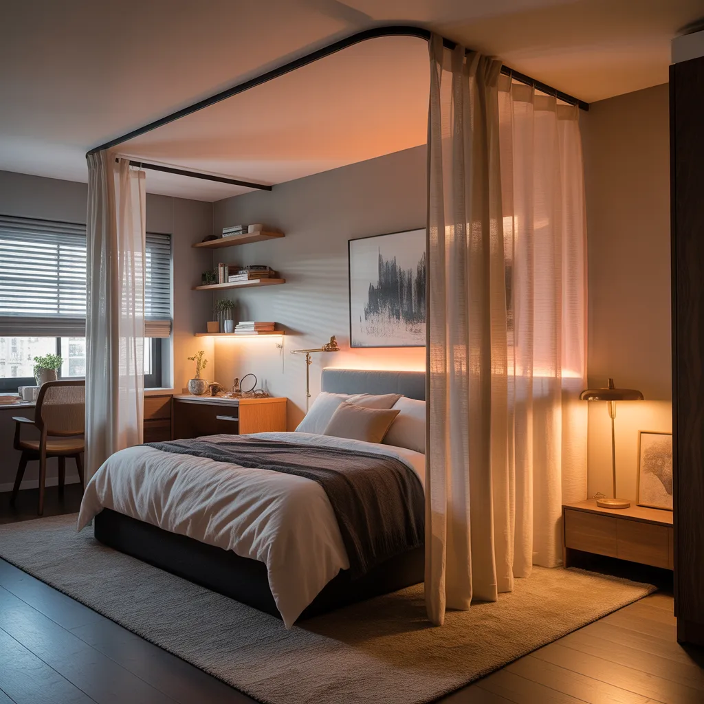 sheer linen ceiling curtain dividing sleeping and workspace in small studio bedroom