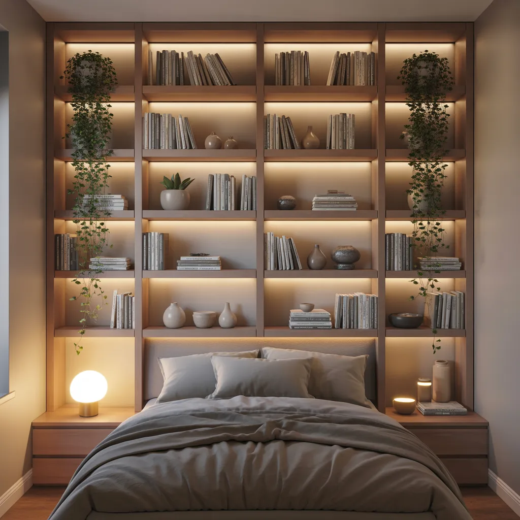 tall narrow open wooden shelving unit styled with plants and books in small bedroom