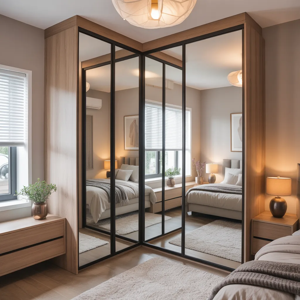 L-shaped corner wardrobe with mirrored sliding doors in small bedroom