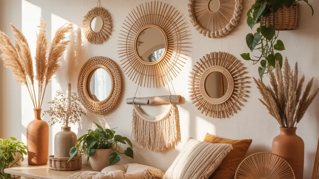 Bohemian mirror ideas for cozy homes with rattan and macrame wall decor