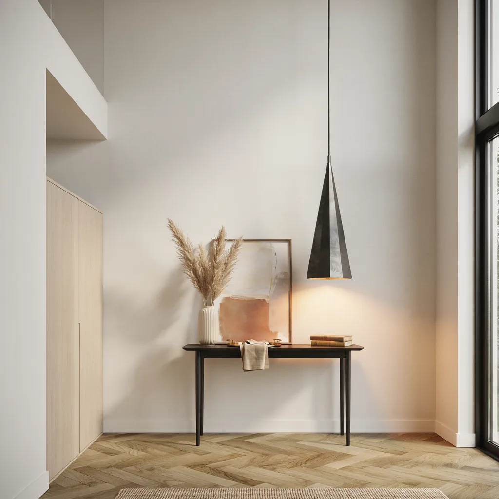Pendant light drop above console table high ceiling entryway