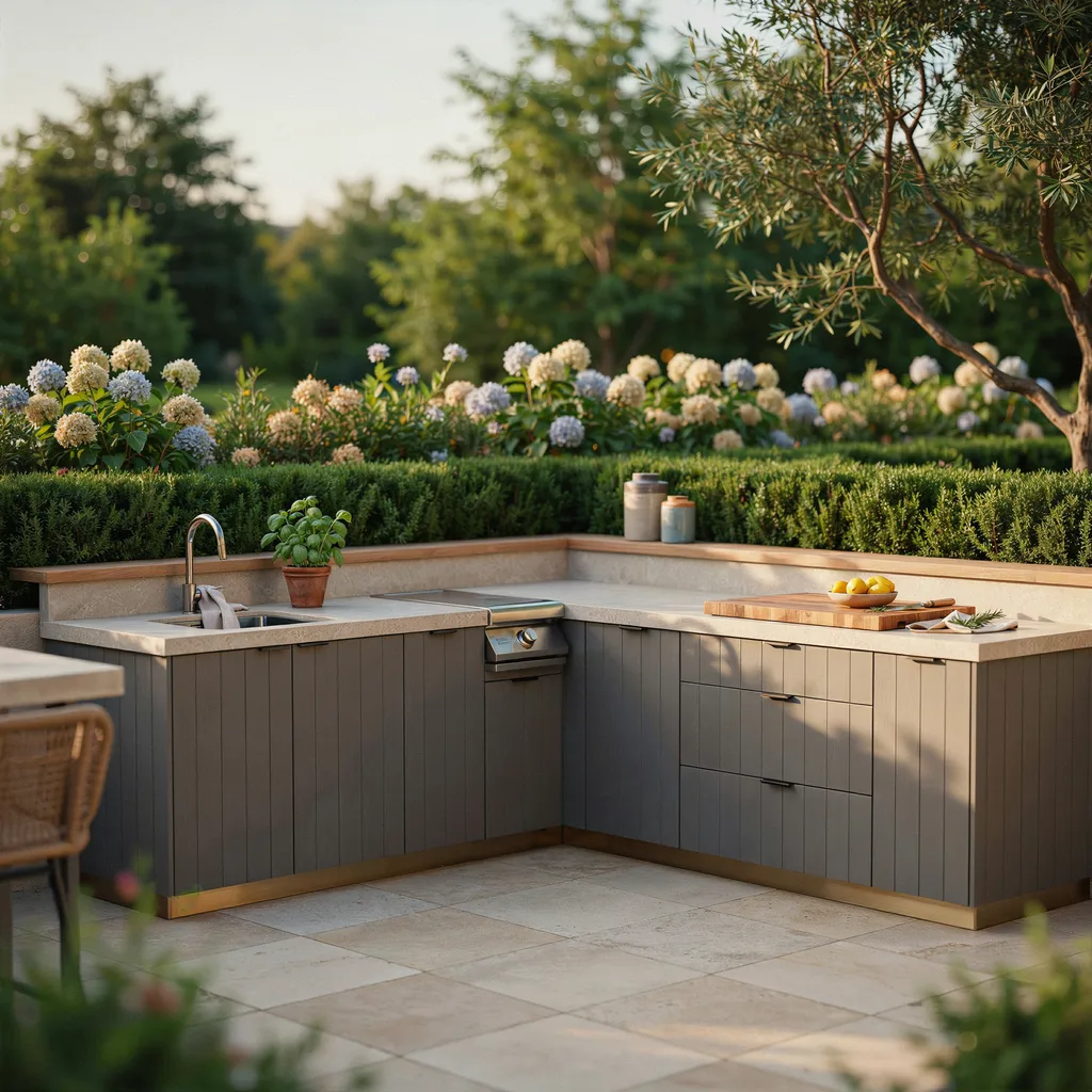 L-shaped outdoor kitchen with continuous greige porcelain countertop wrapping two sides