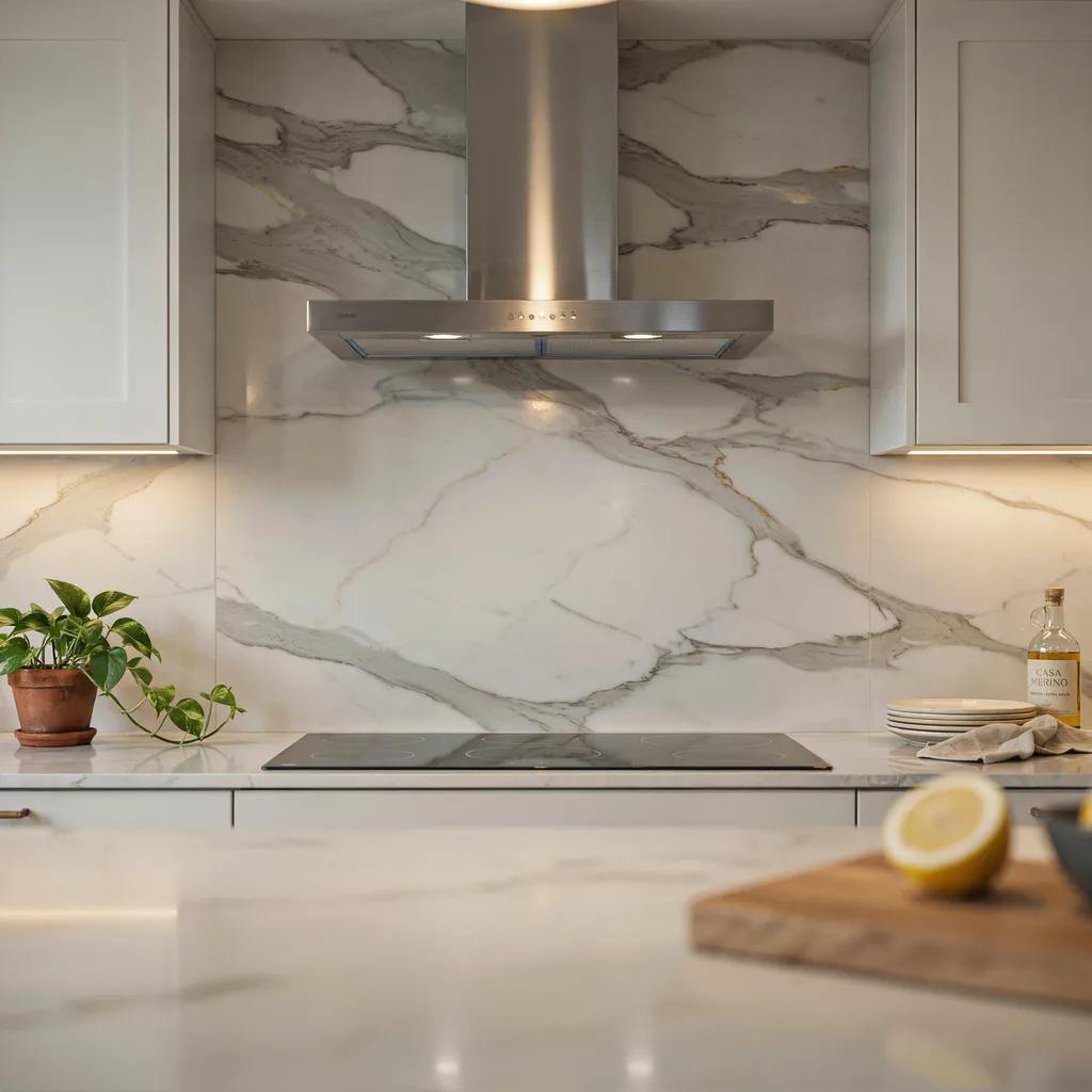 Full-height marble-look backsplash behind a kitchen range