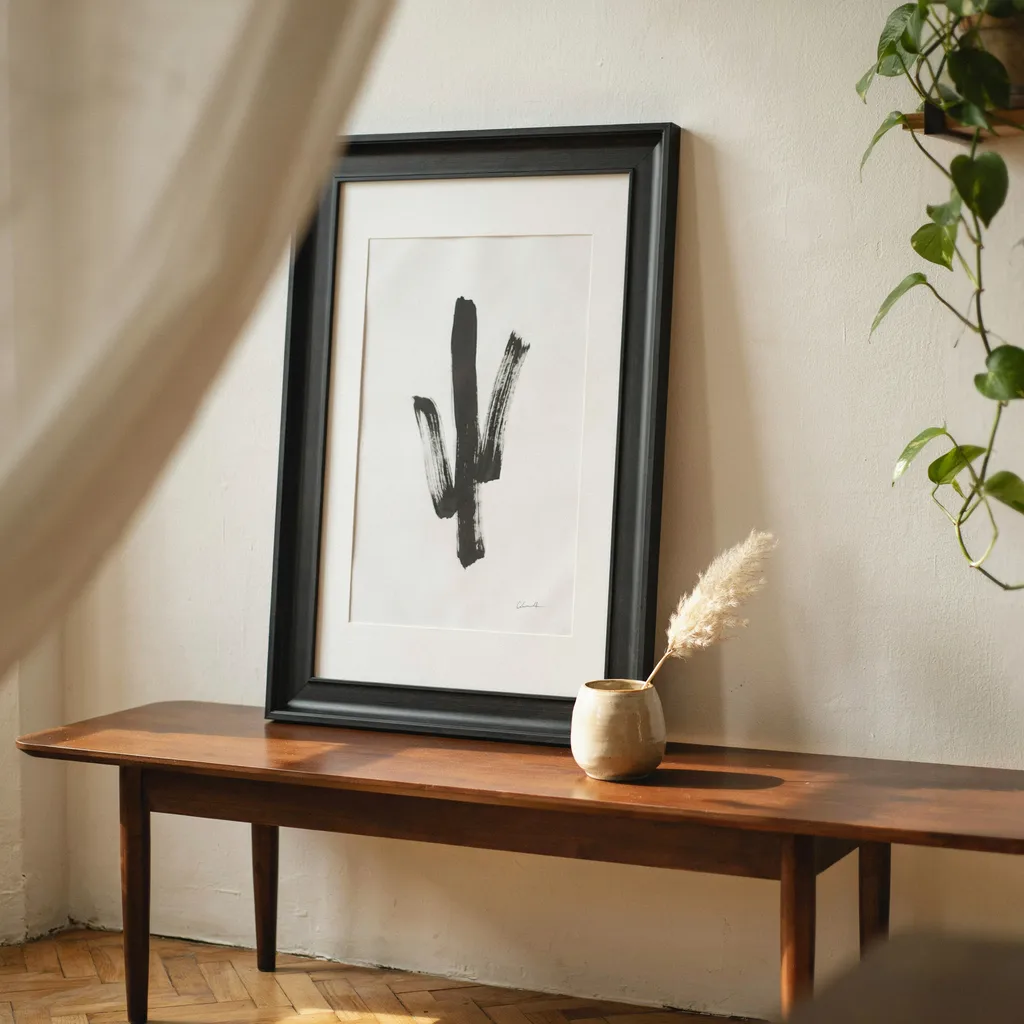 Large leaning art frame on console table
