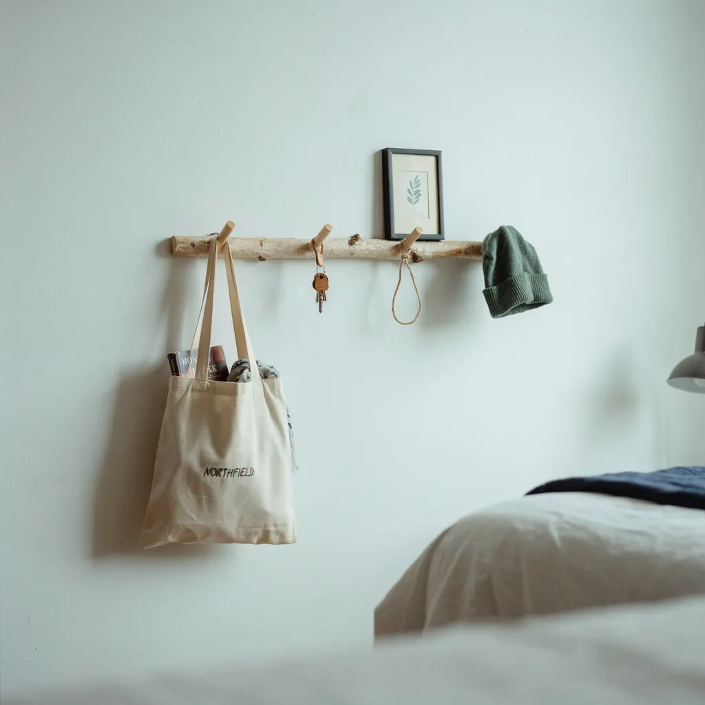 Birch wood hook rail in dorm room