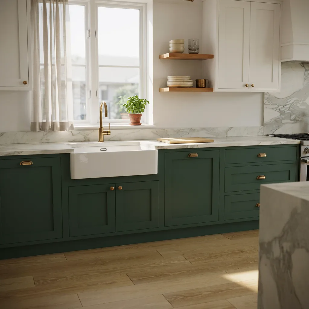 Forest green lower kitchen cabinets with white upper cabinets