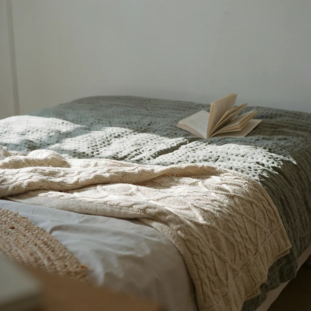 Chunky hand-knit cream throw blanket folded across foot of twin XL dorm bed with sage green waffle-weave duvet underneath