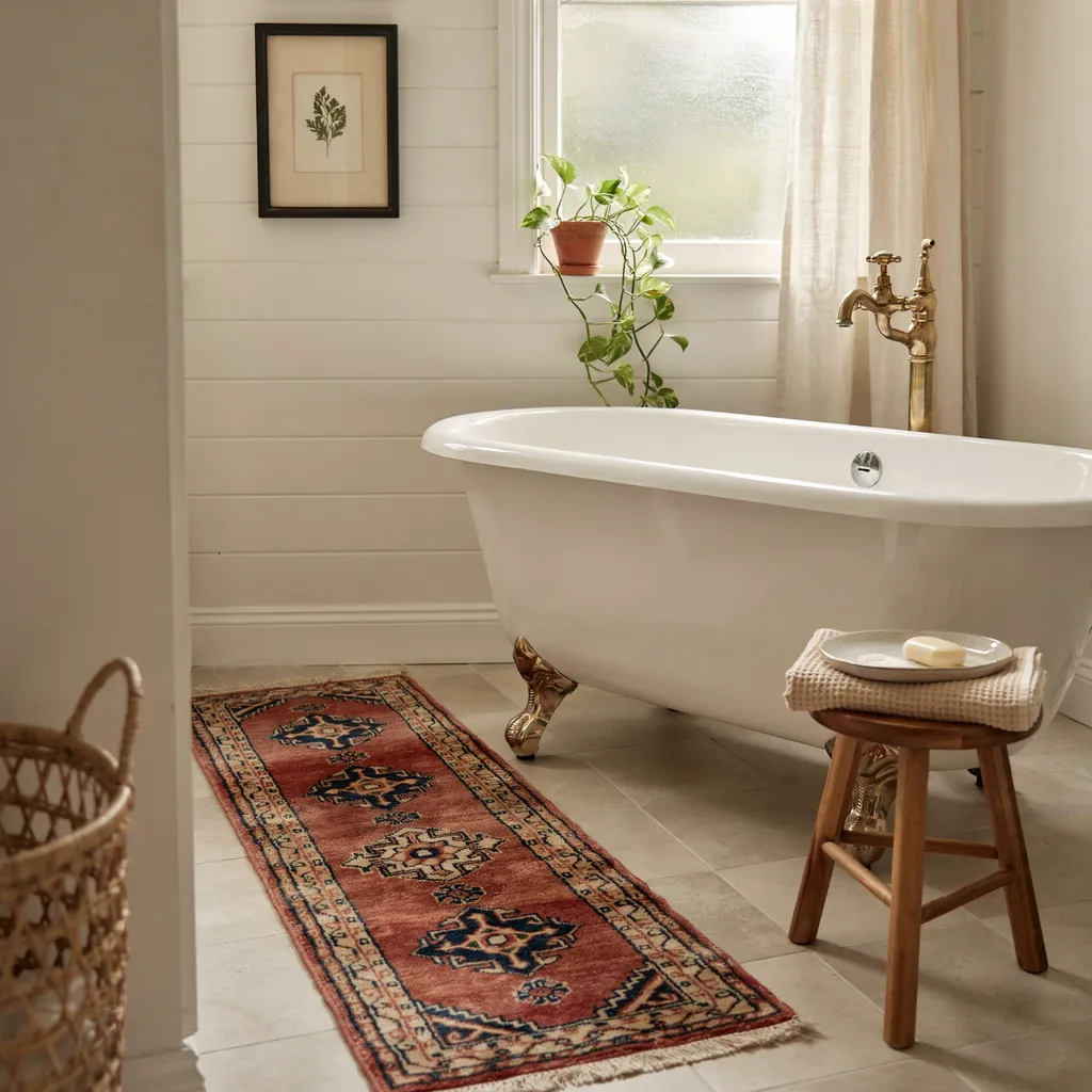 Vintage runner rug beside a clawfoot tub