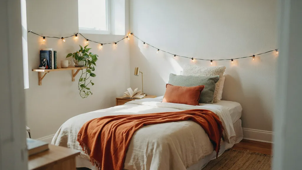 Styled dorm bed inspo idea with layered bedding
