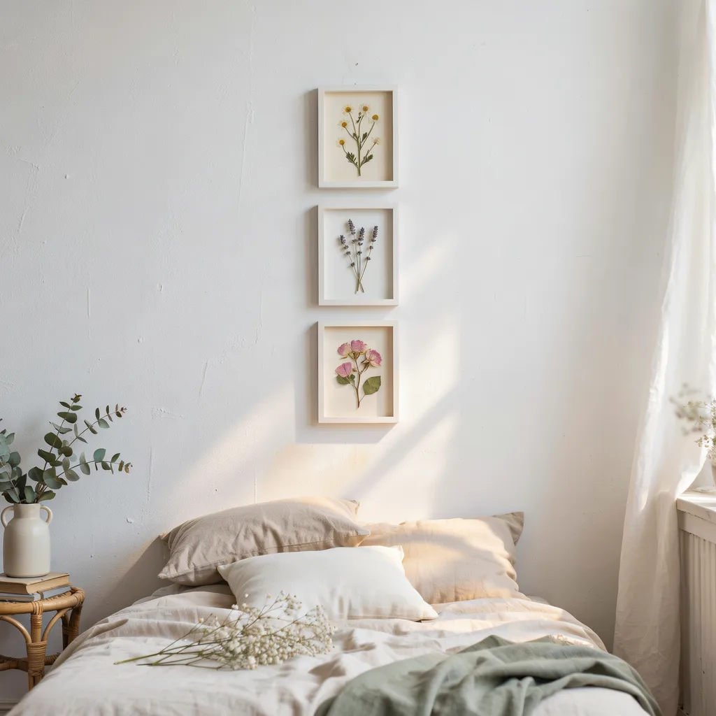 pressed wildflower frames gallery wall above bedroom bed