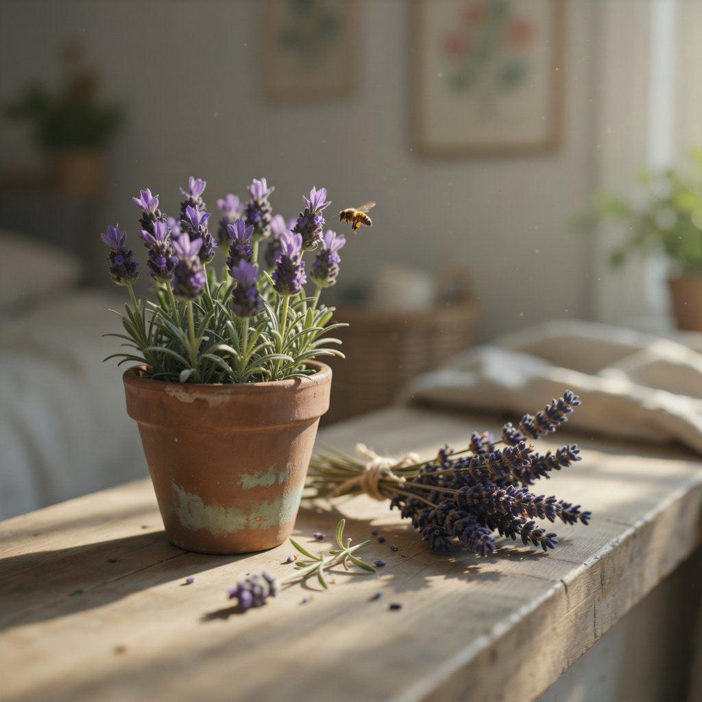 "Dried lavender bundle in ceramic vase for cozy home decor"