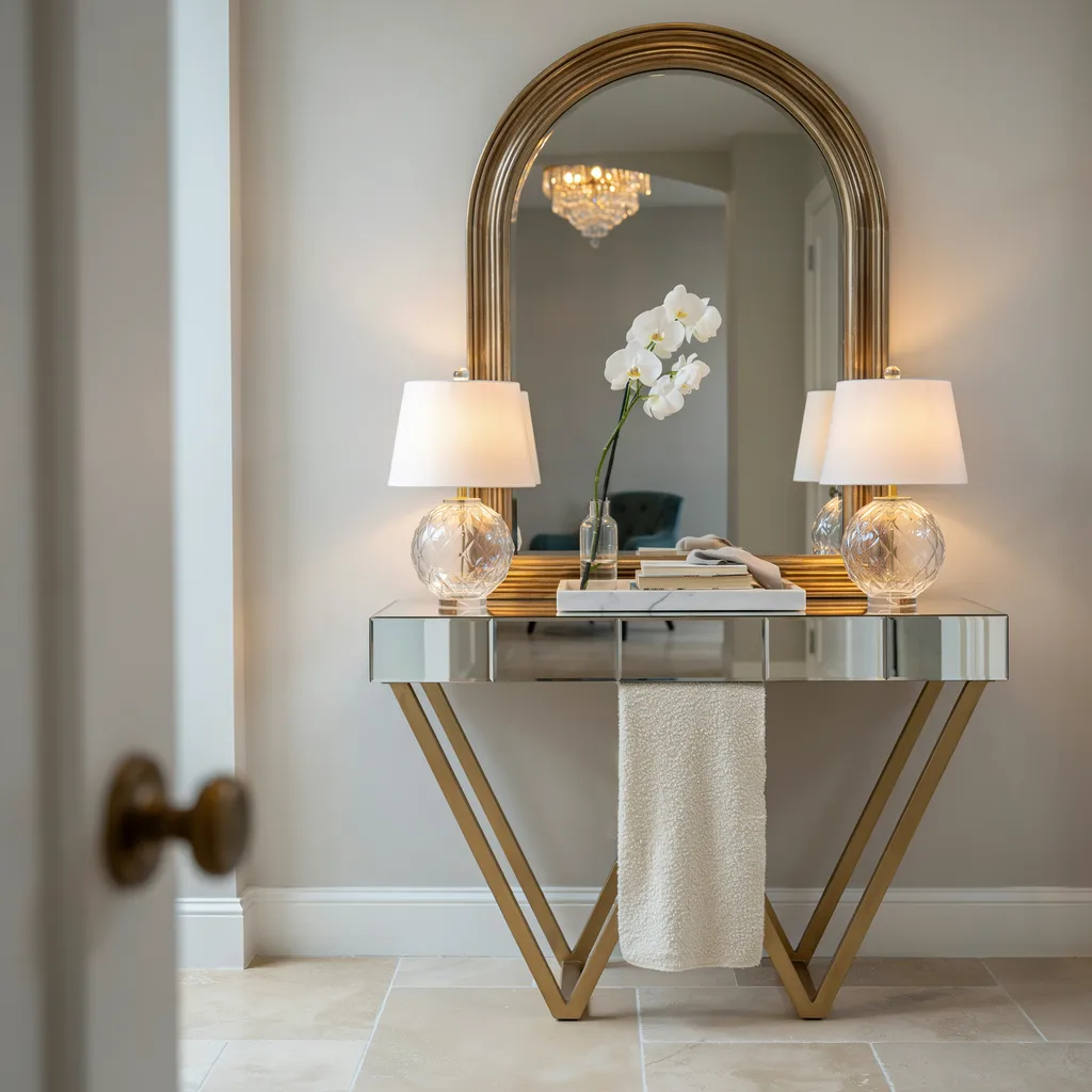 mirrored console table with gold mirror crystal lamps and white orchid entryway