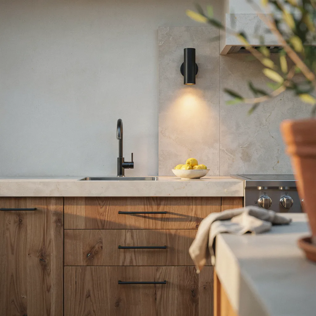 Matte black faucet, sconce, and cabinet pulls detail shot in luxury outdoor kitchen