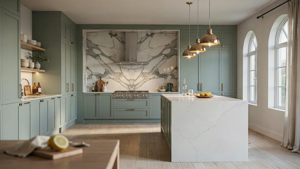 Modern kitchen remodel idea with waterfall quartz island, marble backsplash, and brass hardware