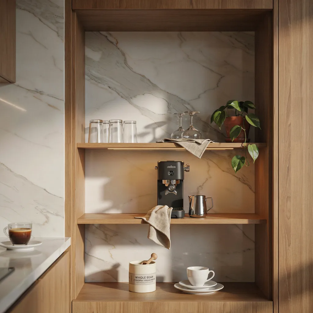 Built-in coffee nook with open shelving and espresso machine