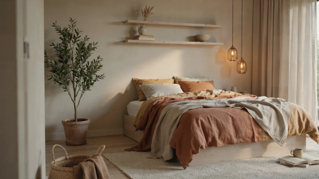 Warm apartment aesthetic bedroom with white oak bed amber linen bedding and indoor olive tree