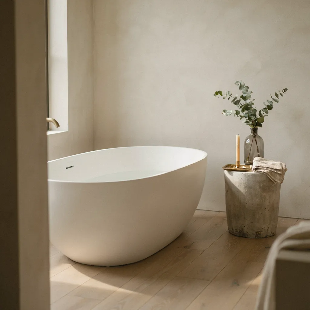 Concrete stool beside a freestanding bathtub