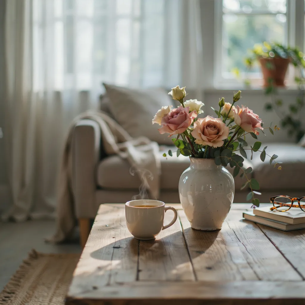 Blush pink roses in vintage glass bottle home decor