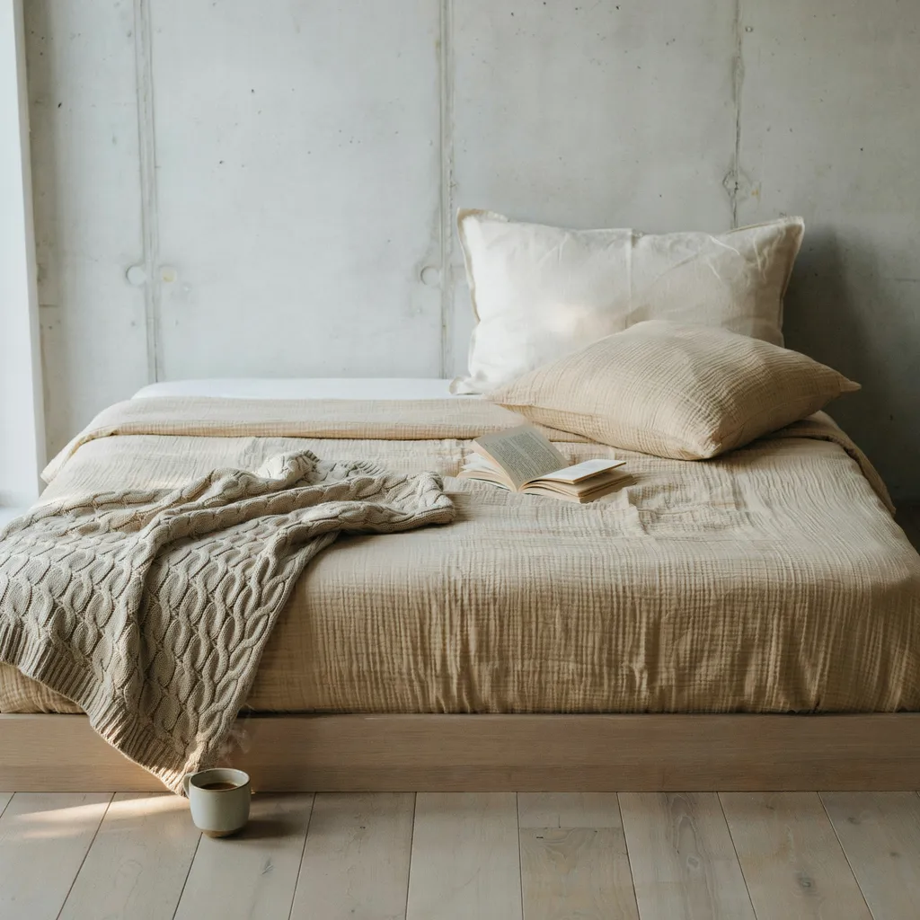 Twin XL dorm bed with warm oat waffle-weave cotton duvet, cream Euro pillow against white wall, and chunky knit throw at foot
