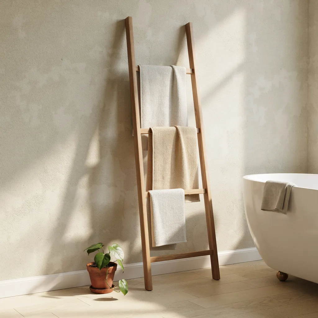 Wood towel ladder leaning beside a bathtub