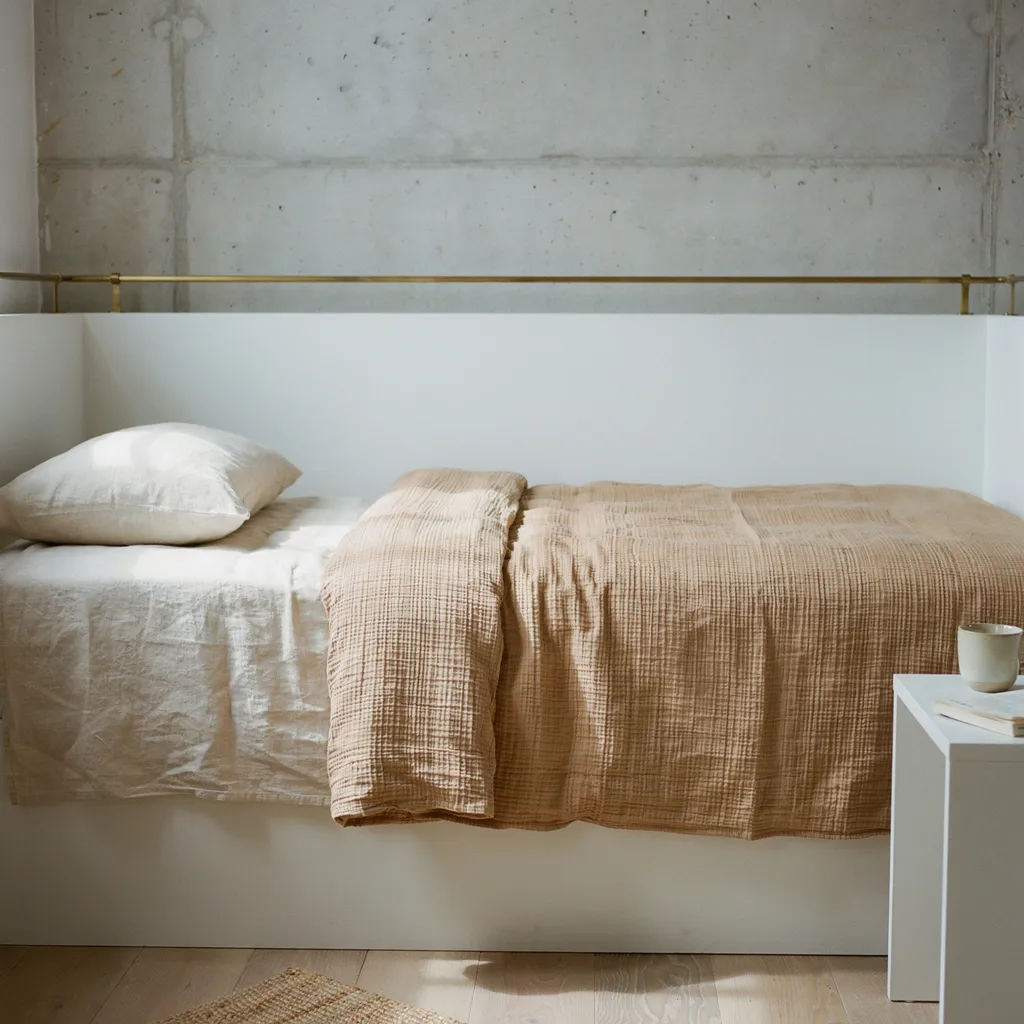 Waffle-weave oat duvet layered over washed sand linen sheet on twin XL dorm bed