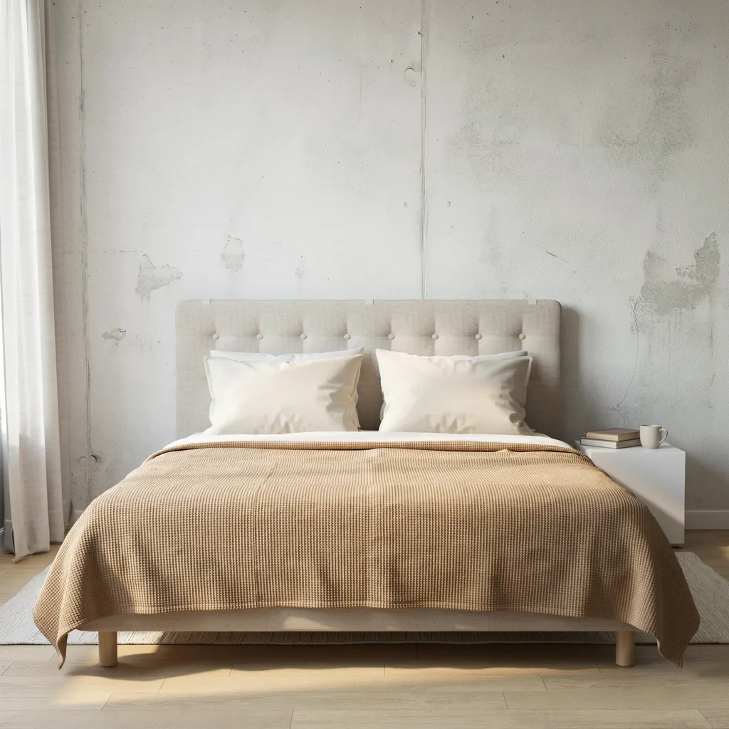 Oatmeal tufted linen headboard panel mounted on white dorm wall with cream pillow shams
