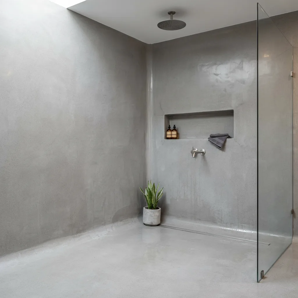 Circular bathroom mirror with warm LED backlighting on a dark textured plaster wall