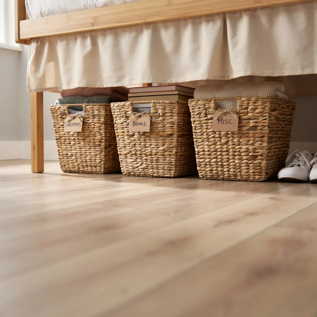 Under-bed storage bins for dorm room styling