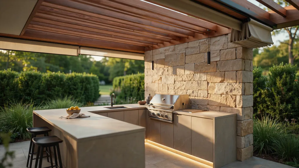 Luxury outdoor kitchen with porcelain countertop, cedar pergola, and matte black fixtures at golden hour
