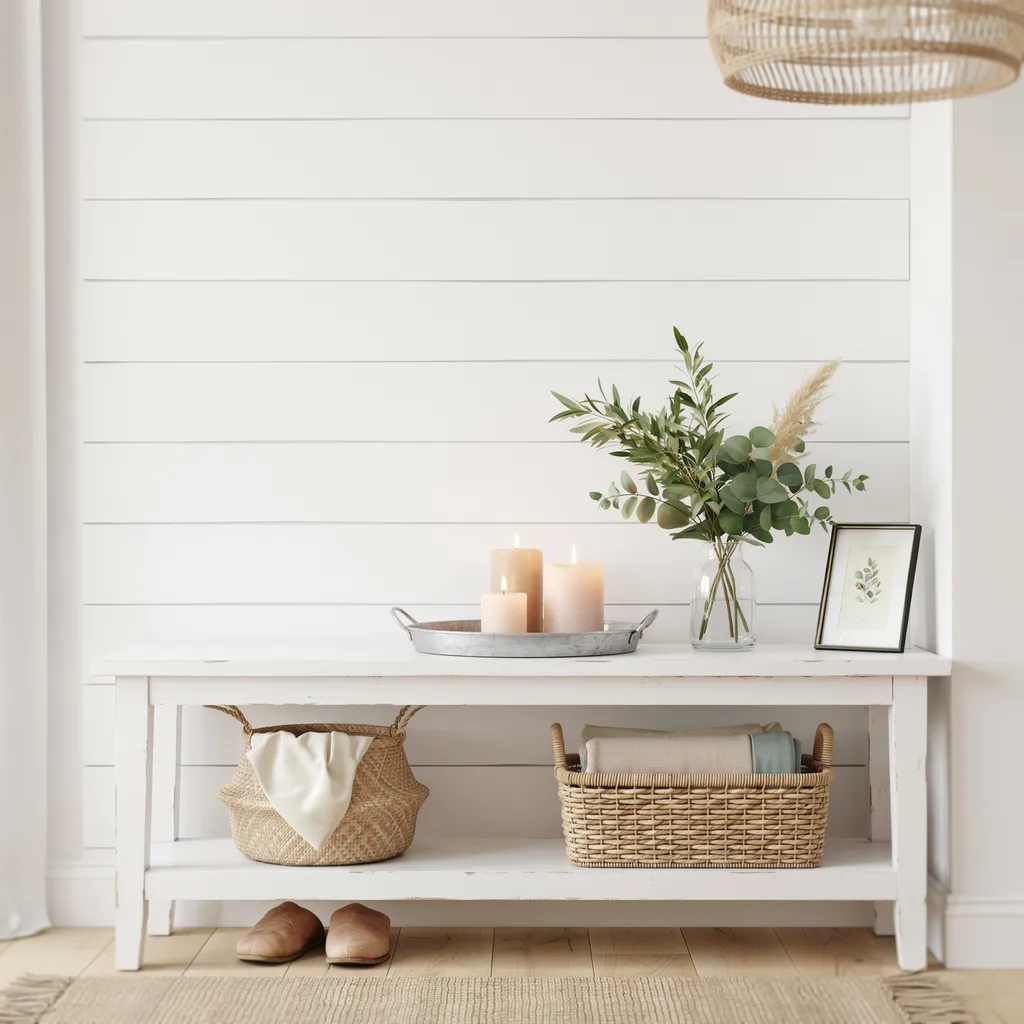 farmhouse white console table with seagrass baskets and pillar candles entryway