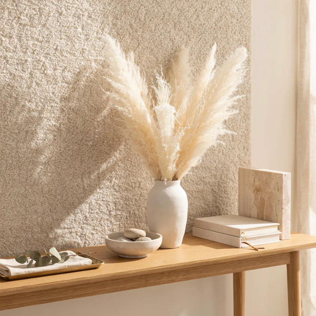 Monochromatic cream and ivory console table styling