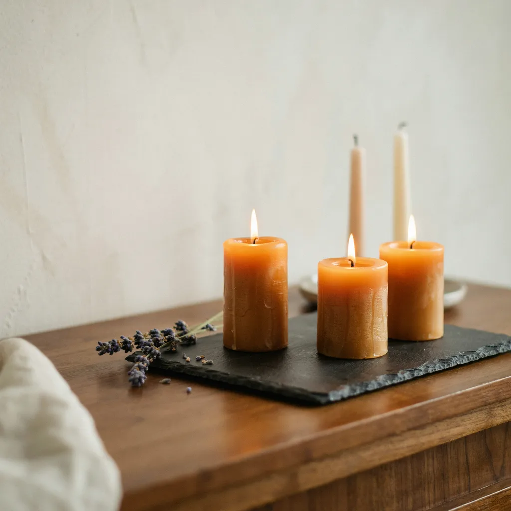 Beeswax pillar candle cluster on slate tray console table styling