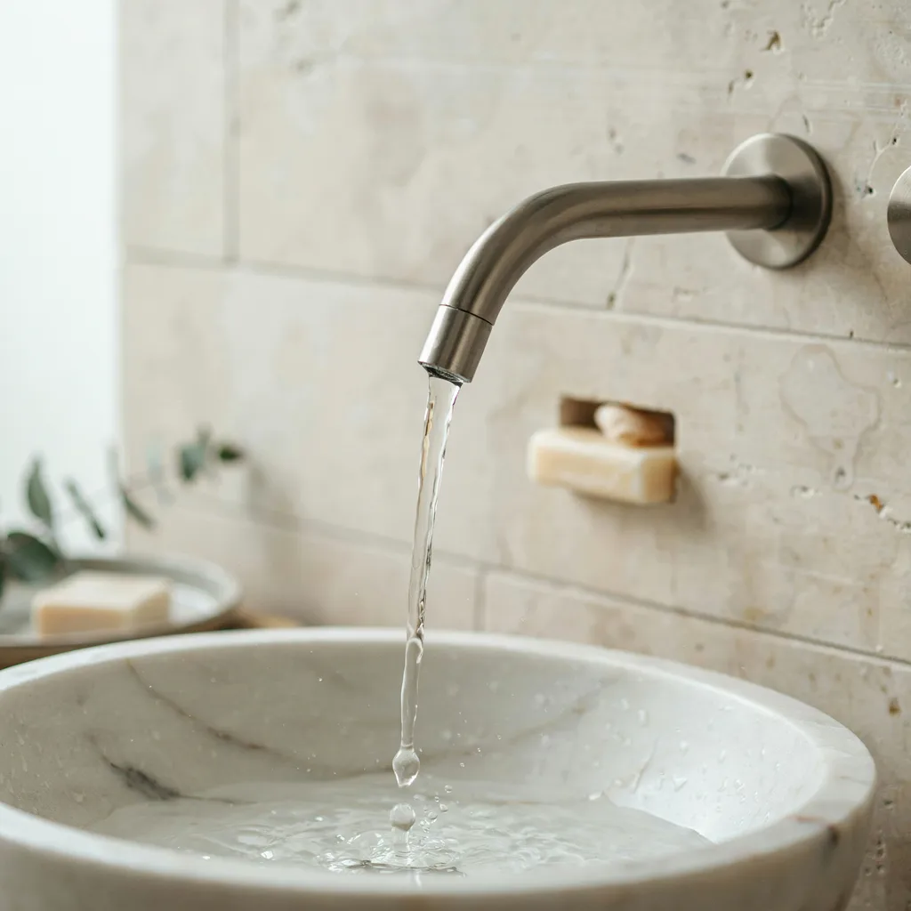 Wall-mounted brushed gunmetal sink faucet pouring water into a white stone basin