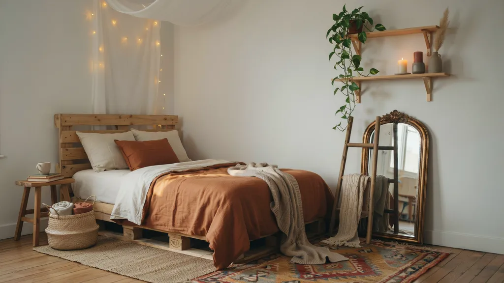 Cozy apartment bedroom ideas on a budget with pallet bed frame, amber lighting, layered linen bedding and indoor plants
