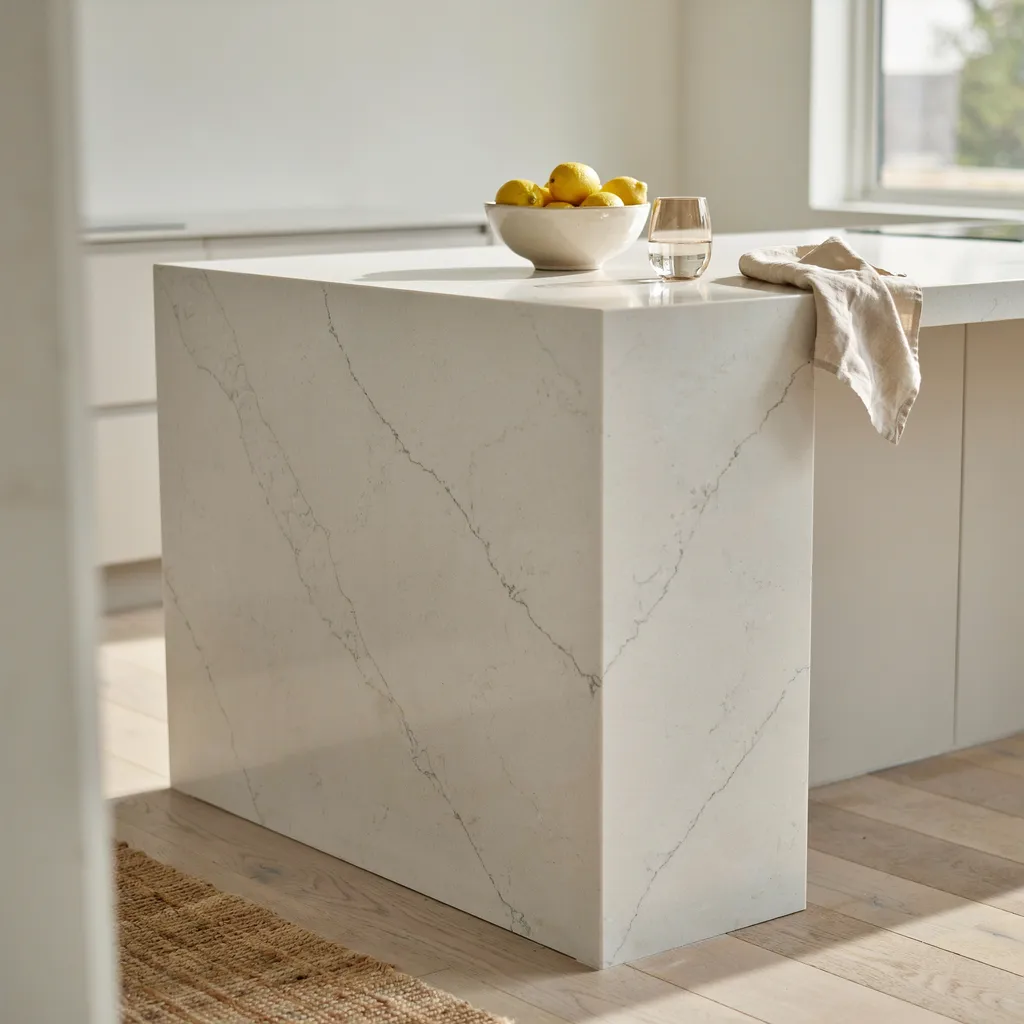Quartz waterfall-edge countertop on a modern kitchen island